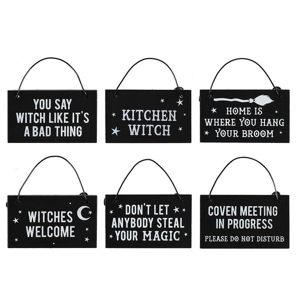 Set of 36 Witchy Mini Halloween Hanging Signs on Display