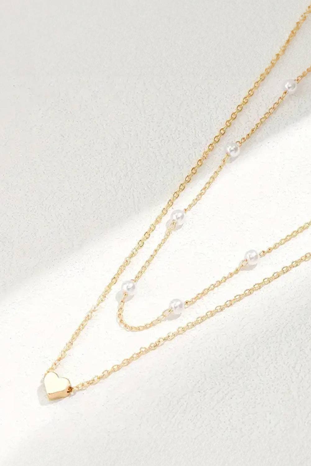 Gold Plated Heart and Pearl Detail 2pcs Layered Necklace: Gold / ONE SIZE
