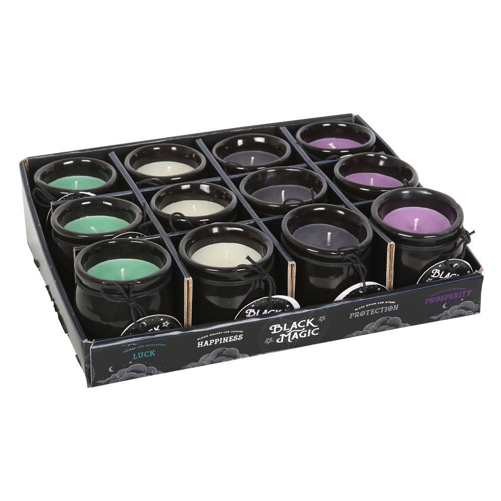 Set of 12 Gothic Halloween Cauldron Candles in Display