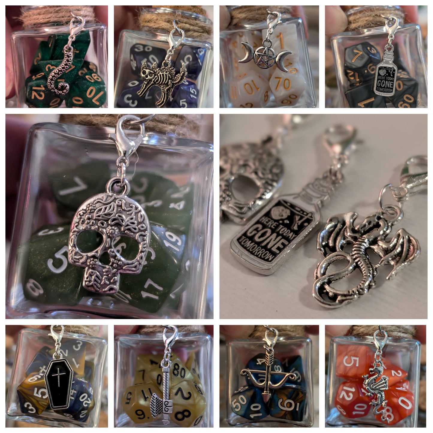 Dice Spell Jars, with 7pcs D20 TRPG Dice: Silver Charms