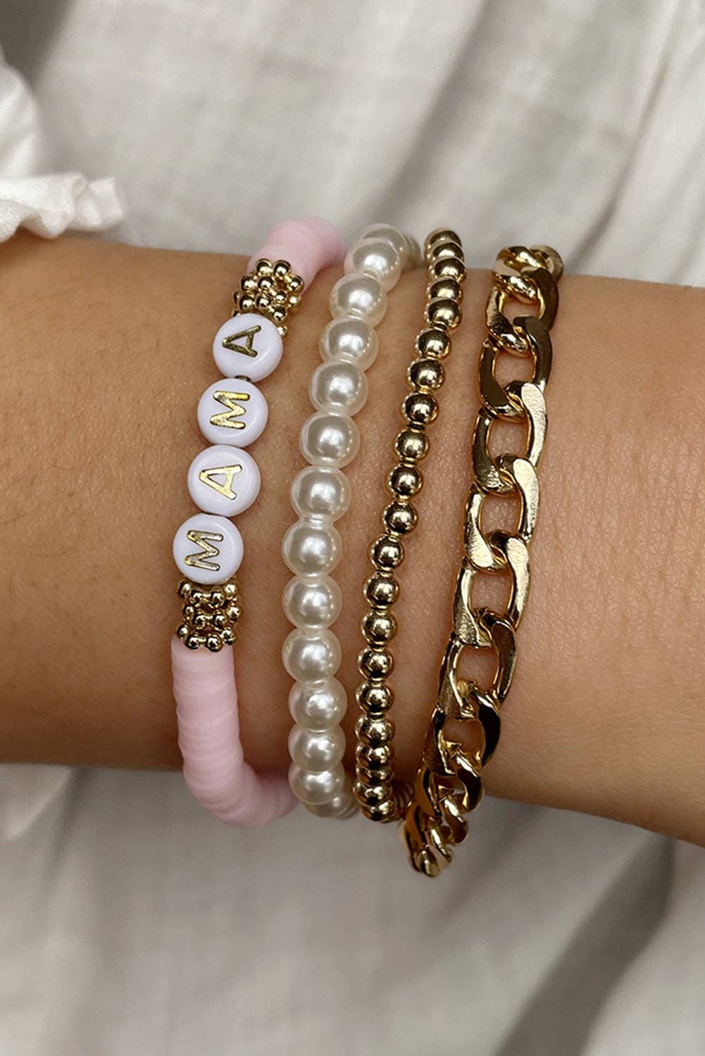 Gold 4PCS MAMA Pearls Beaded Chain Bracelets Set: Gold / ONE SIZE