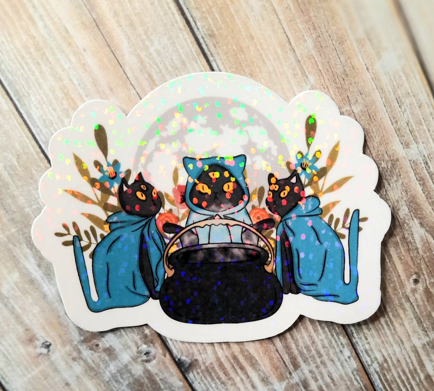 Black Cat Coven Sticker, Witchy Gift For Cat Lover: Star Holo Laminate