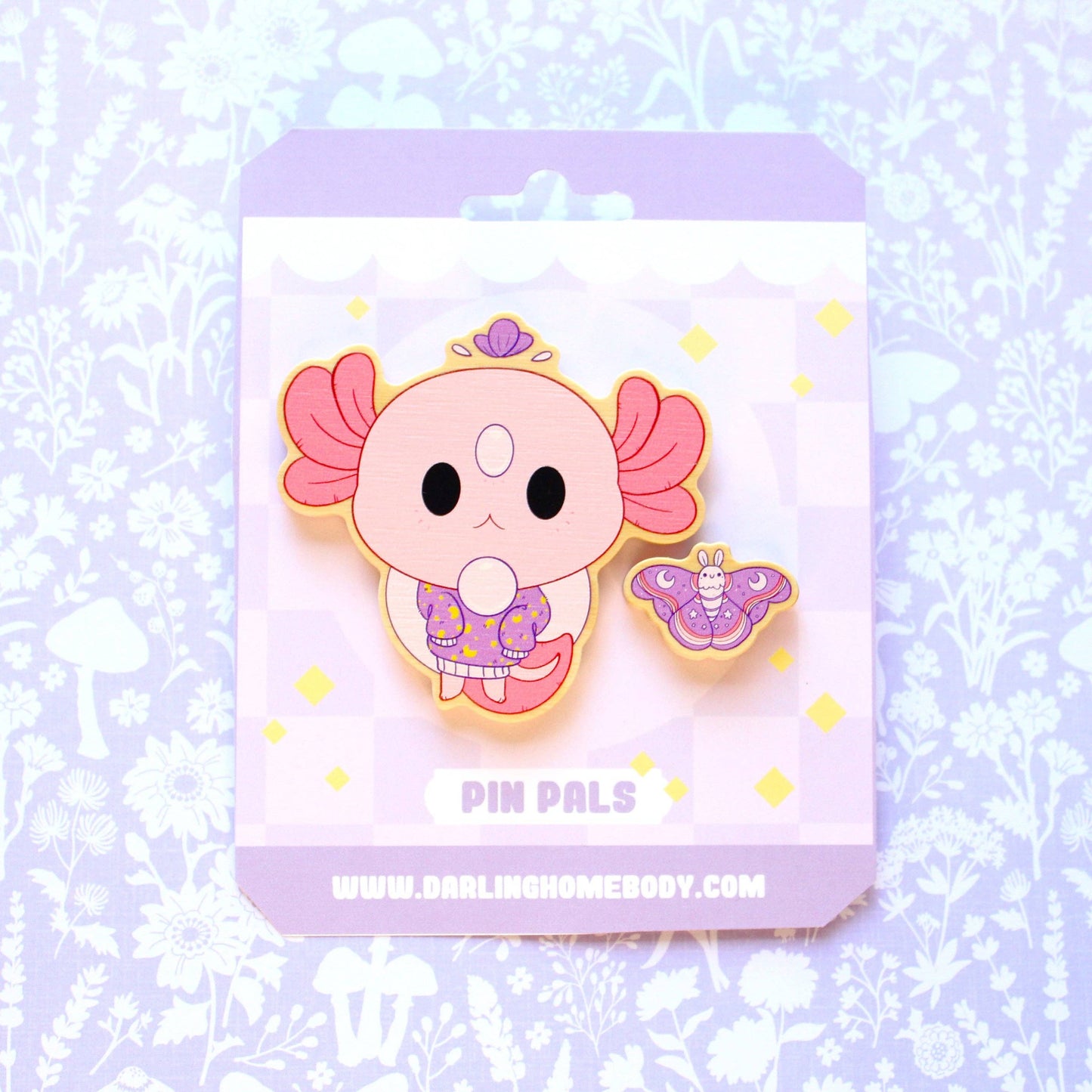 Wood Pin Set. Axolotl and Moth Pin Pals.