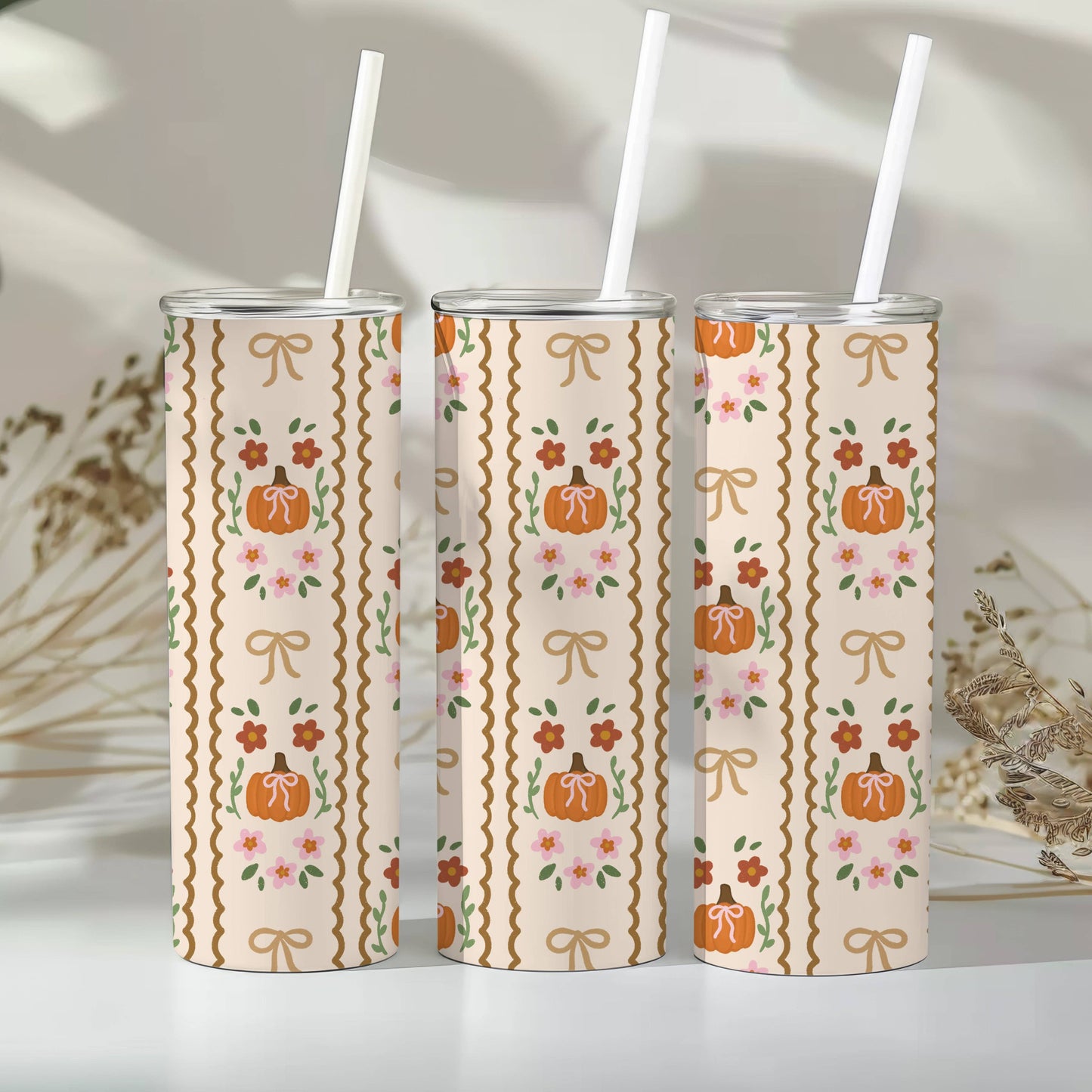 20 oz Skinny Tumbler, Orange Pumpkin Rows