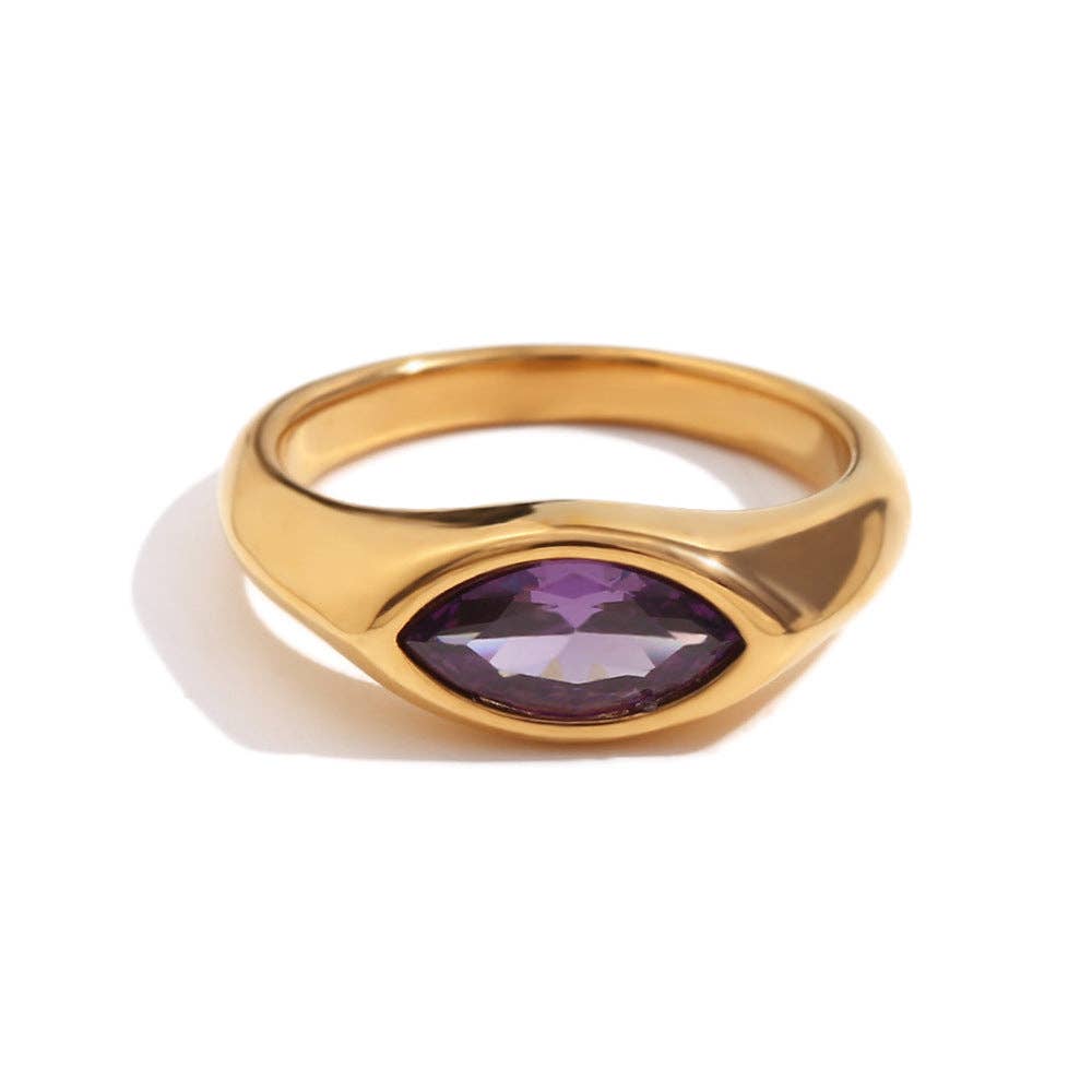 FGS - Horse Eye Zircon 18K Gold Plated Stainless Steel Ring: White. / 8