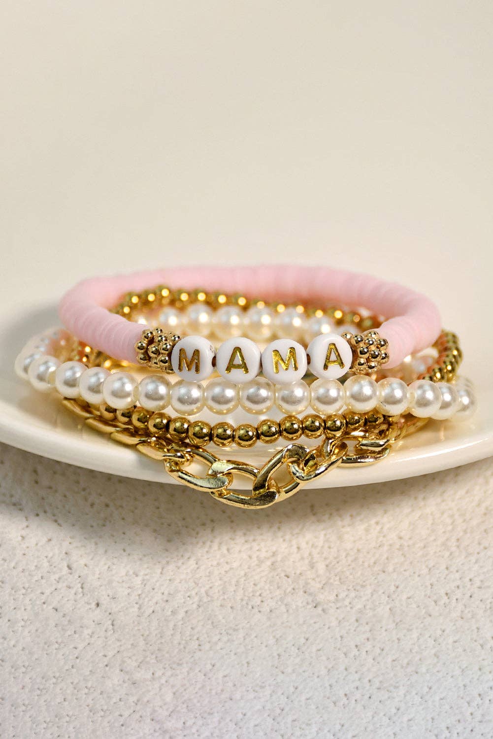 Gold 4PCS MAMA Pearls Beaded Chain Bracelets Set: Gold / ONE SIZE