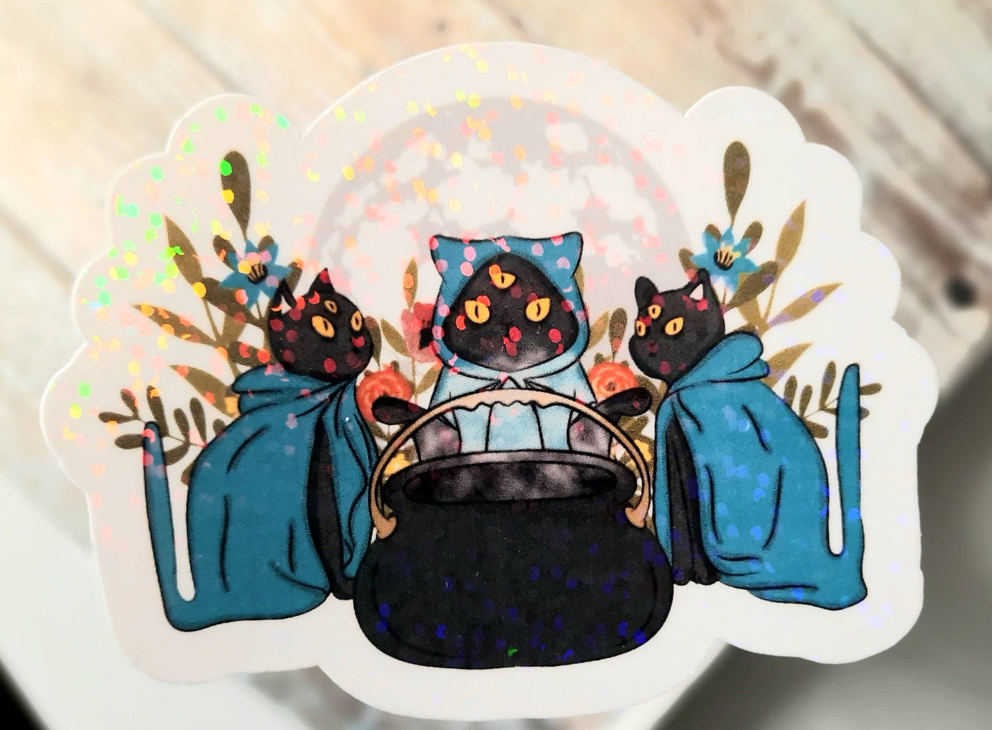 Black Cat Coven Sticker, Witchy Gift For Cat Lover: Star Holo Laminate
