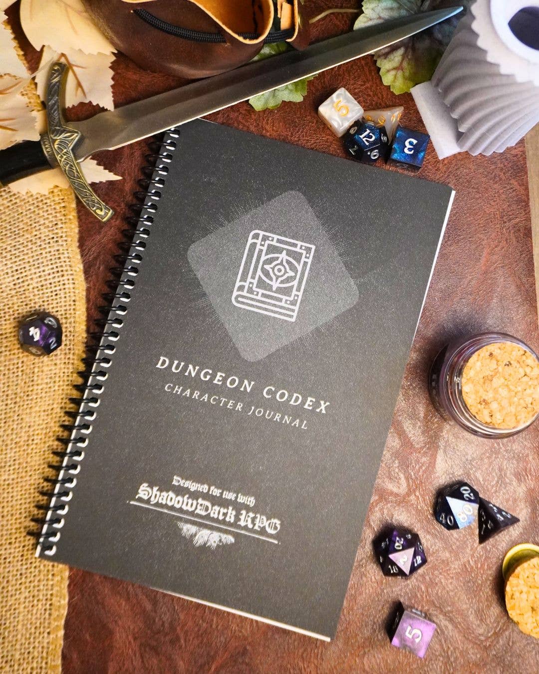 Dungeon Codex Shadowdark RPG Character Journal: One Set of Mystery Dice with Bottle