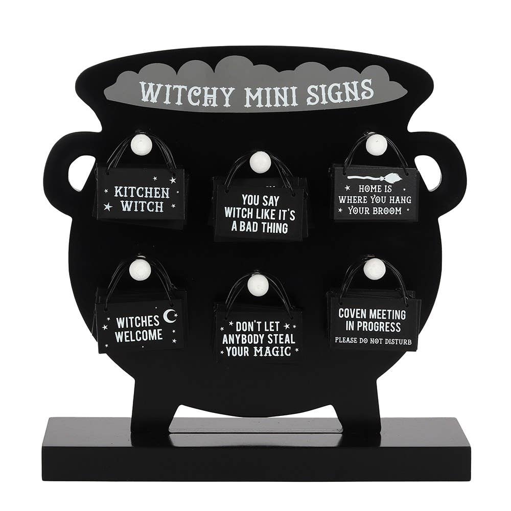 Set of 36 Witchy Mini Halloween Hanging Signs on Display