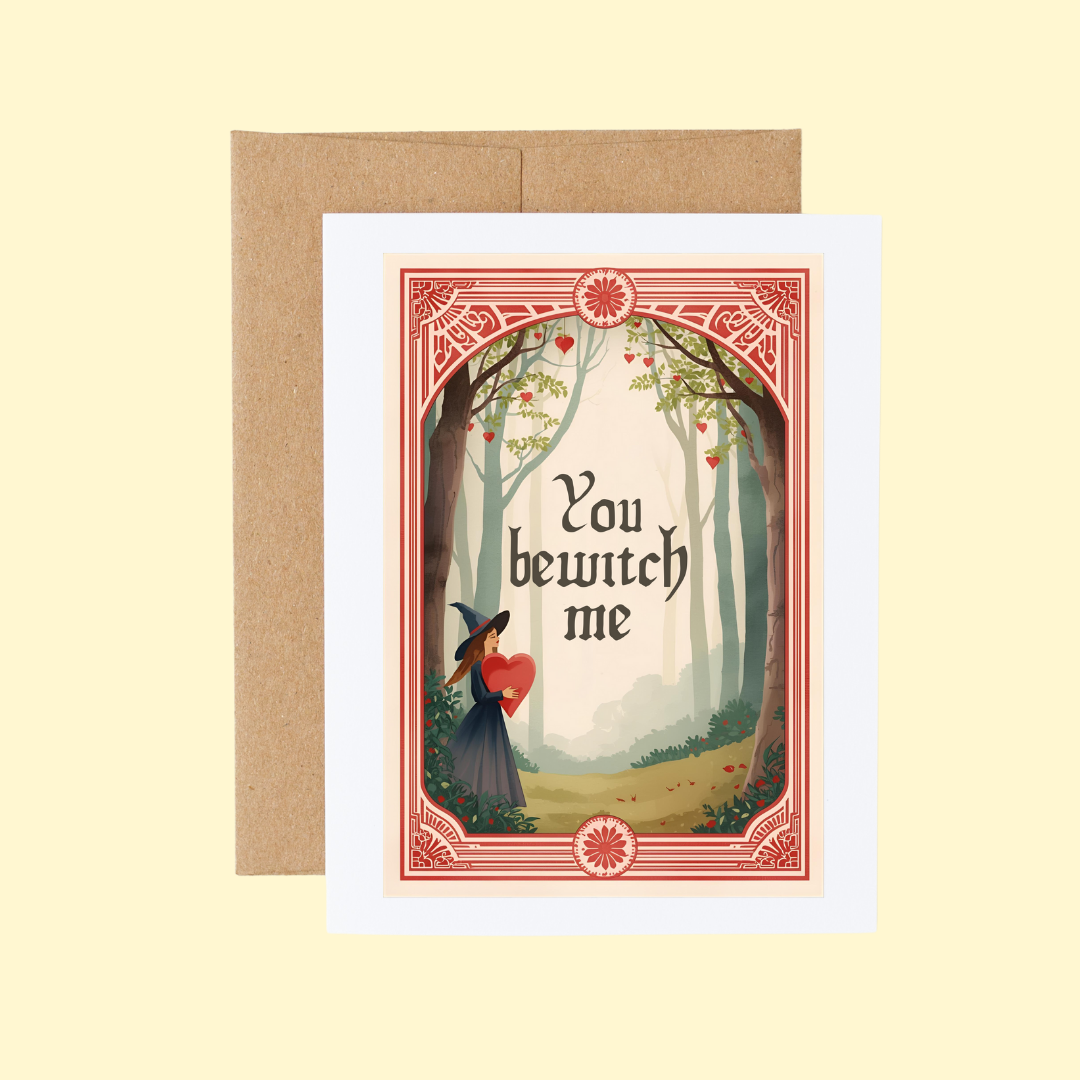 You Bewitch Me Fantasy Forest Witch Valentine Card : Brown Kraft Paper