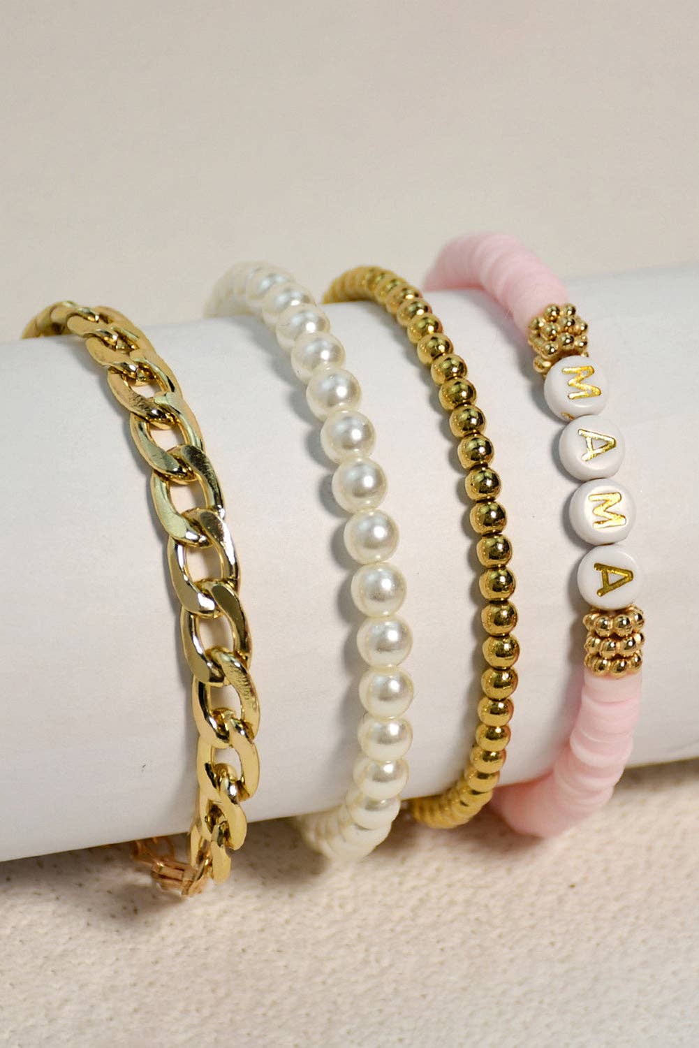 Gold 4PCS MAMA Pearls Beaded Chain Bracelets Set: Gold / ONE SIZE