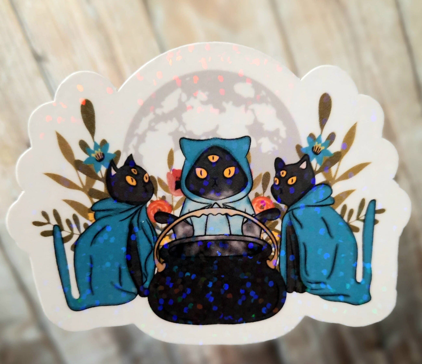 Black Cat Coven Sticker, Witchy Gift For Cat Lover: Star Holo Laminate
