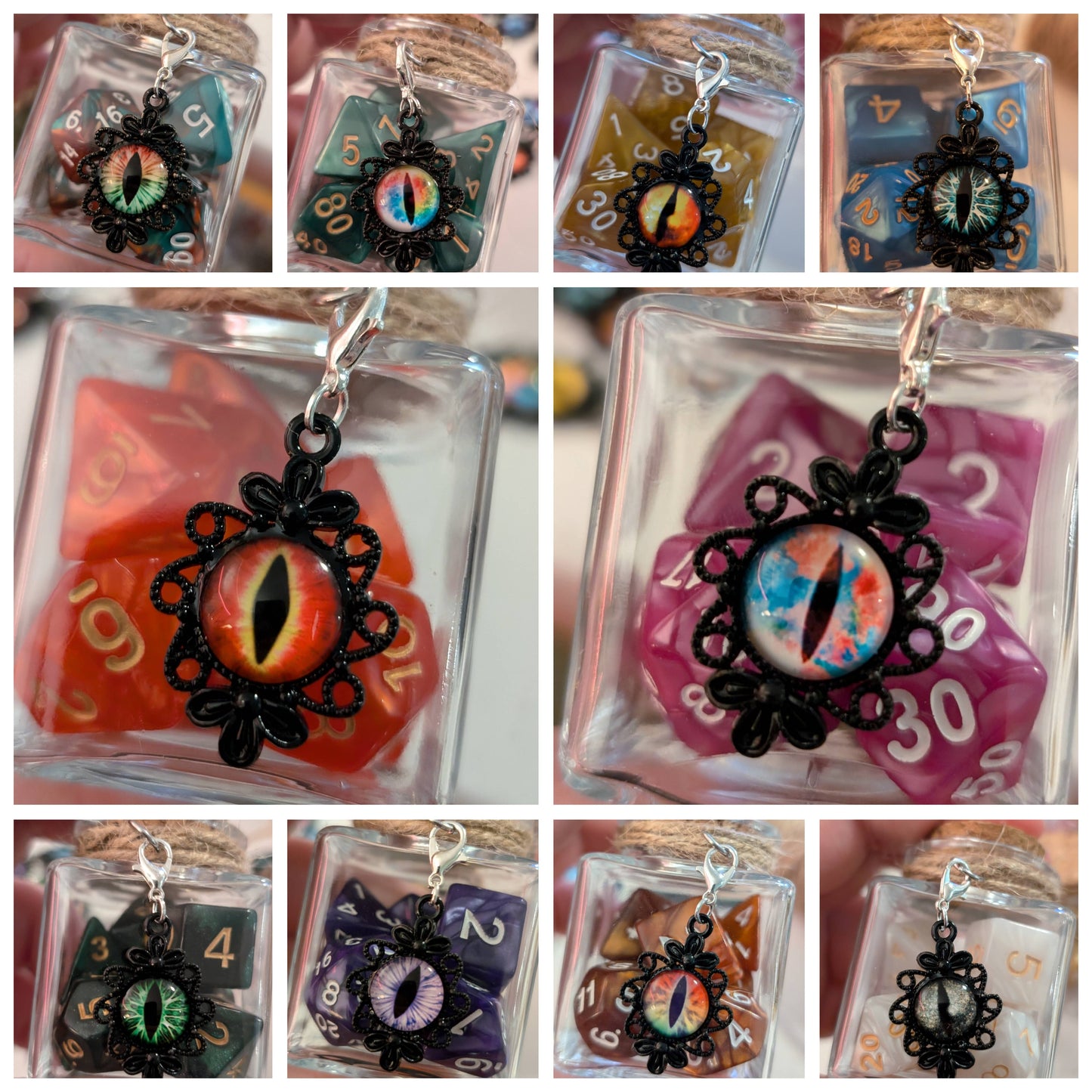 Dice Spell Jars, with 7pcs D20 TRPG Dice: Silver Charms