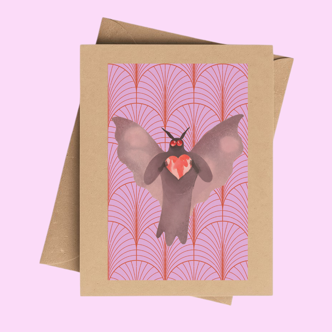 Spooky Mothman Heart Valentine Card on Brown Kraft Paper
