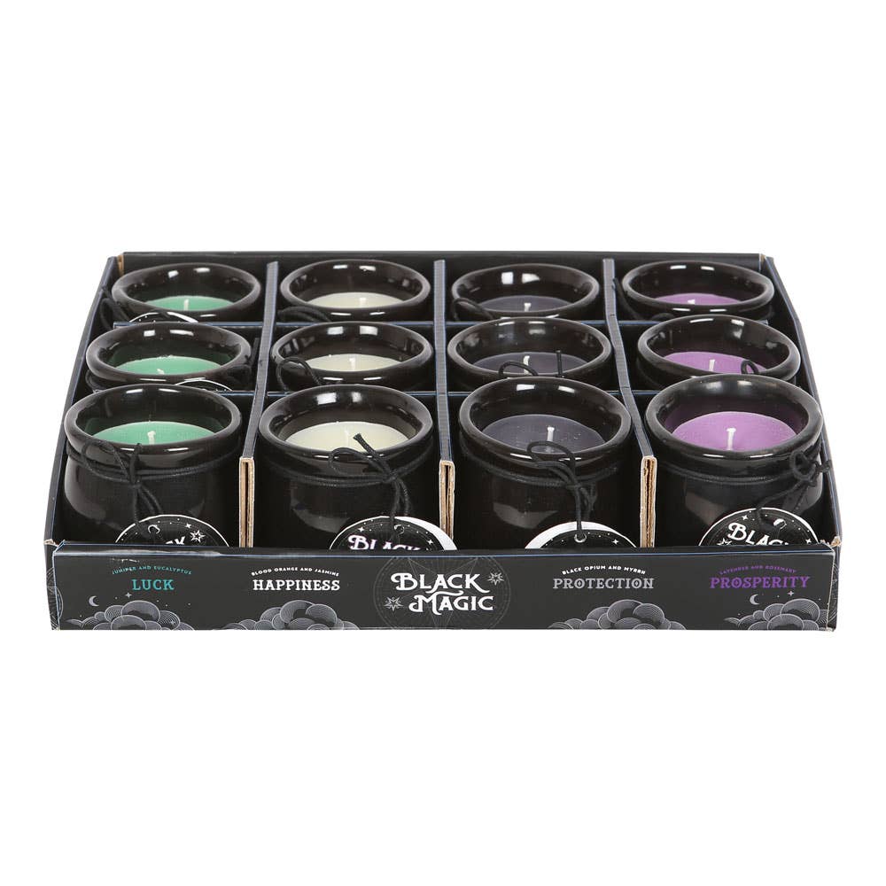 Set of 12 Gothic Halloween Cauldron Candles in Display