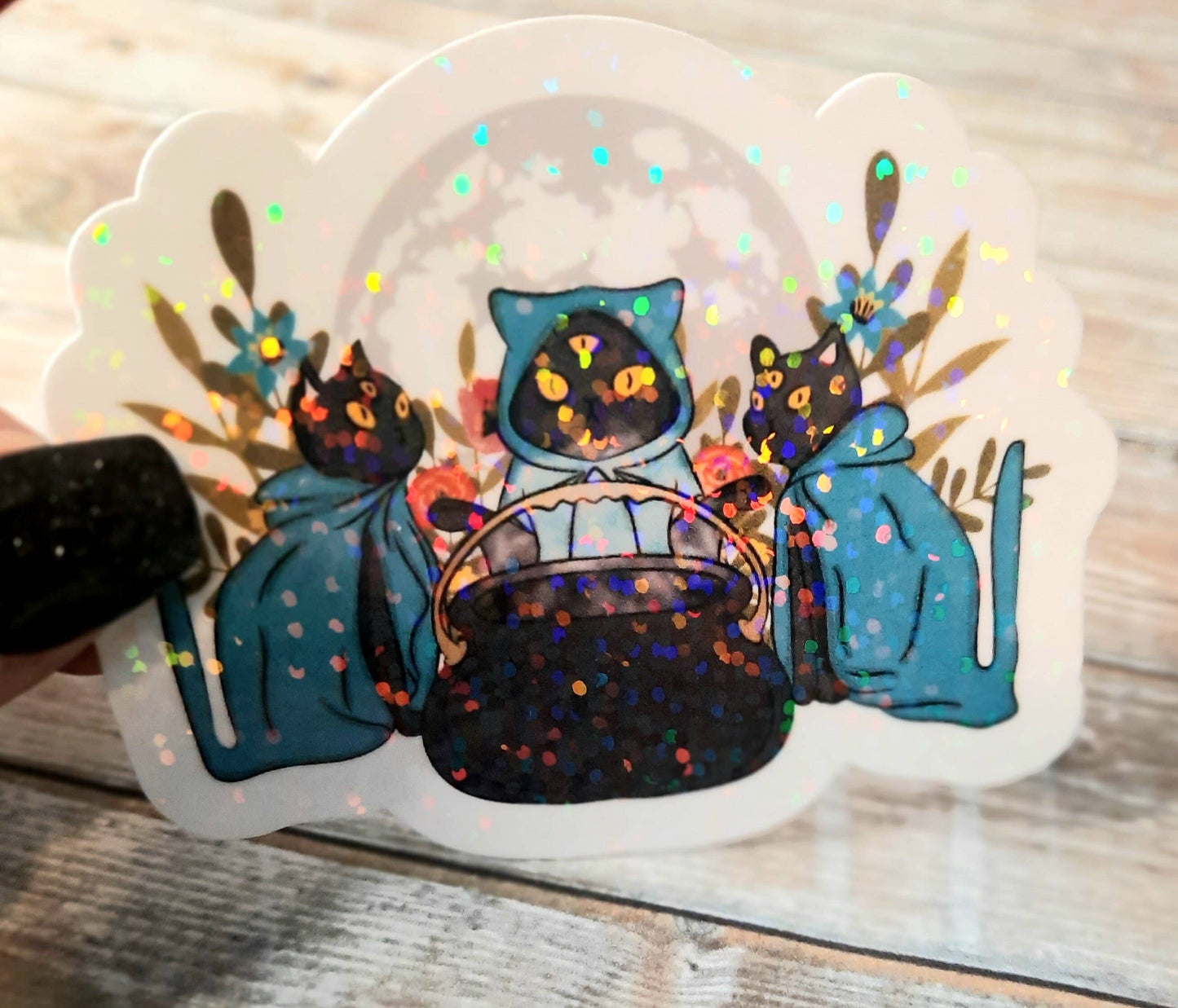 Black Cat Coven Sticker, Witchy Gift For Cat Lover: Star Holo Laminate