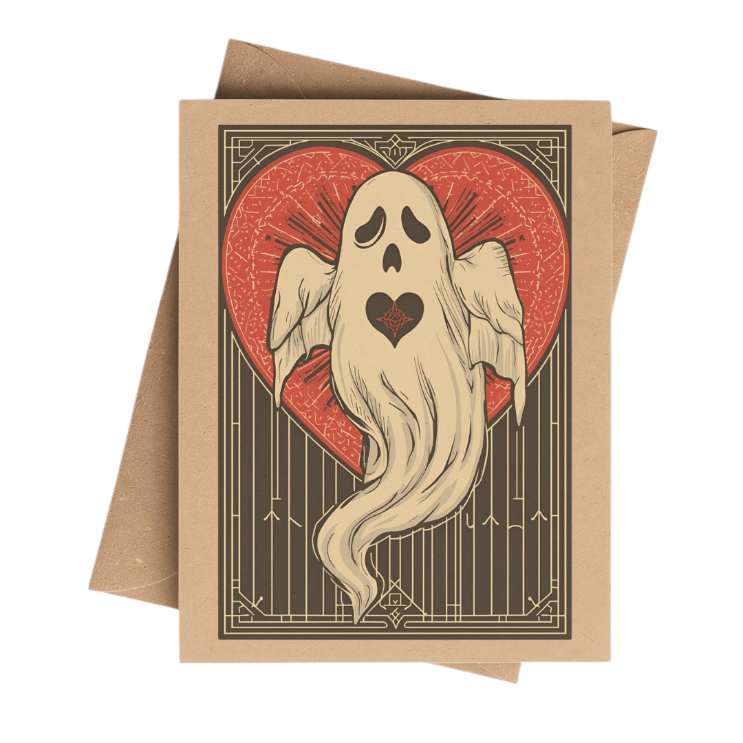Spooky Ghost Heart Valentine Brown Kraft Notecard Boxed Set: White