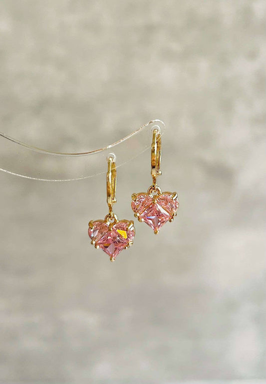 Dainty 14K Gold Plated Pink Heart Huggie Earrings