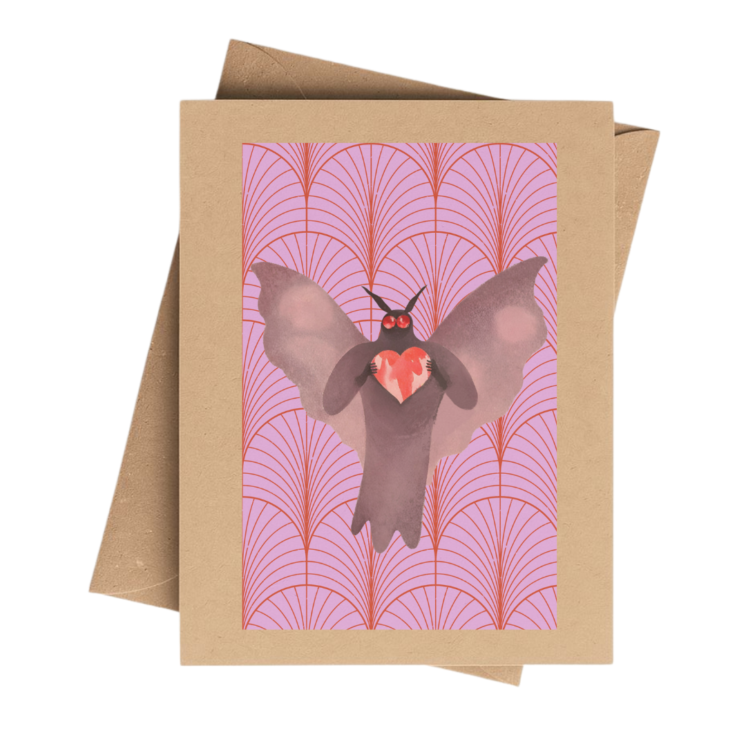 Spooky Mothman Heart Valentine Card on Brown Kraft Paper