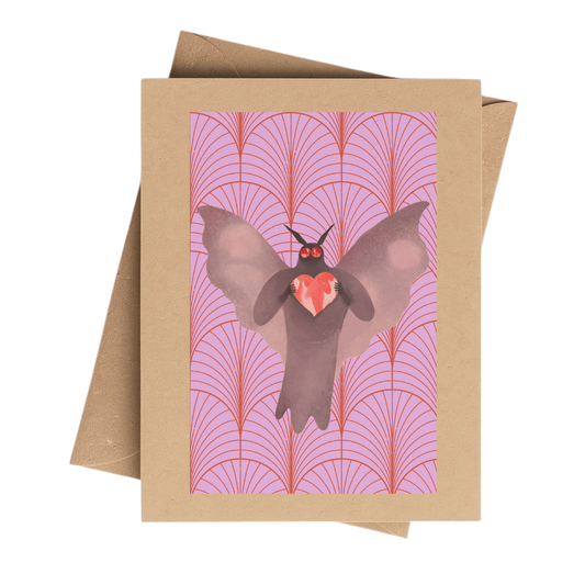 Spooky Mothman Heart Valentine Card on Brown Kraft Paper