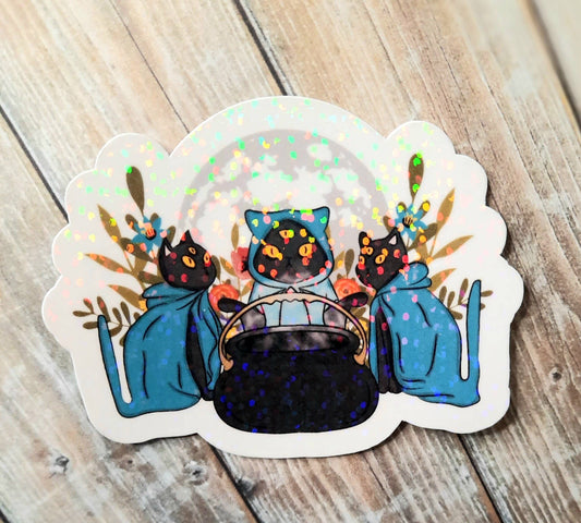 Black Cat Coven Sticker, Witchy Gift For Cat Lover: Star Holo Laminate