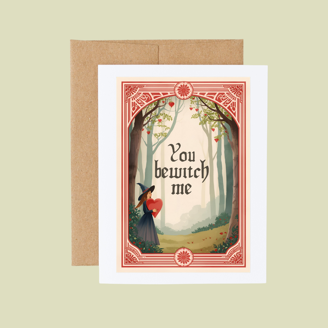You Bewitch Me Fantasy Forest Witch Valentine Card : Brown Kraft Paper