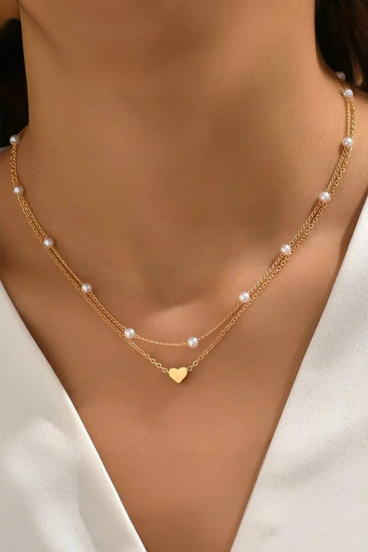 Gold Plated Heart and Pearl Detail 2pcs Layered Necklace: Gold / ONE SIZE