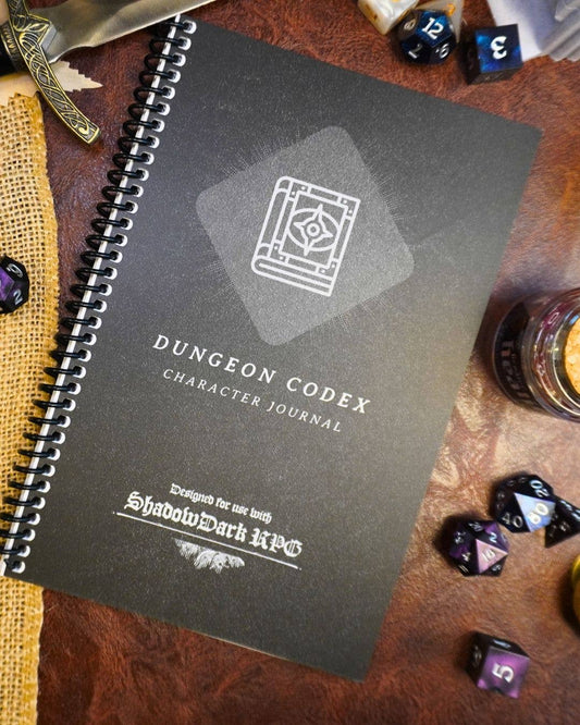 Dungeon Codex Shadowdark RPG Character Journal: One Set of Mystery Dice with Bottle