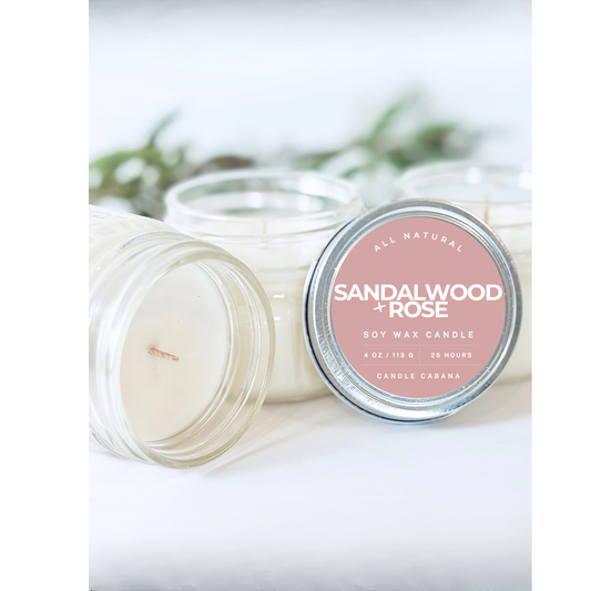 Sandalwood + Rose  4 oz Mason Jar - 100% Natural Soy Candle