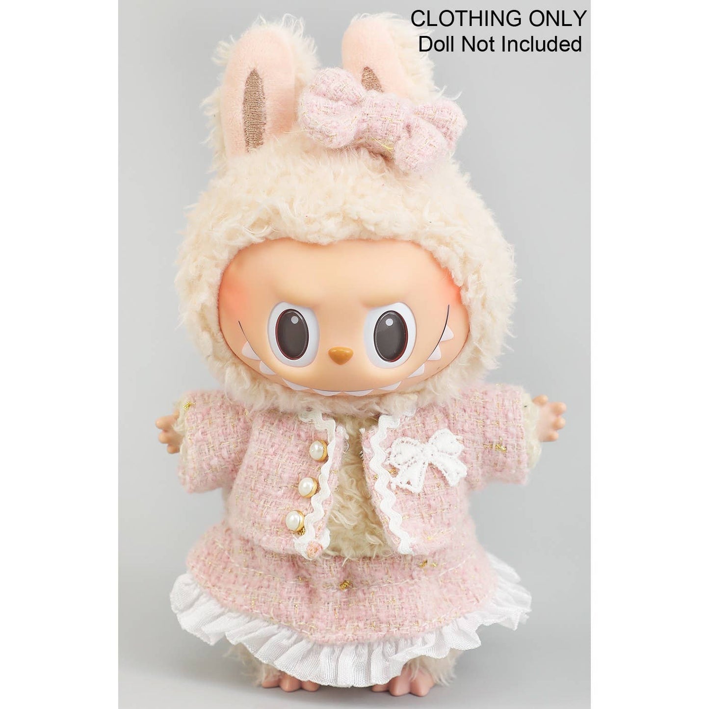 FANCY TWEED DRESS AND BOW LABUBU OUTFIT ONLY: WHITE / 1 SIZE