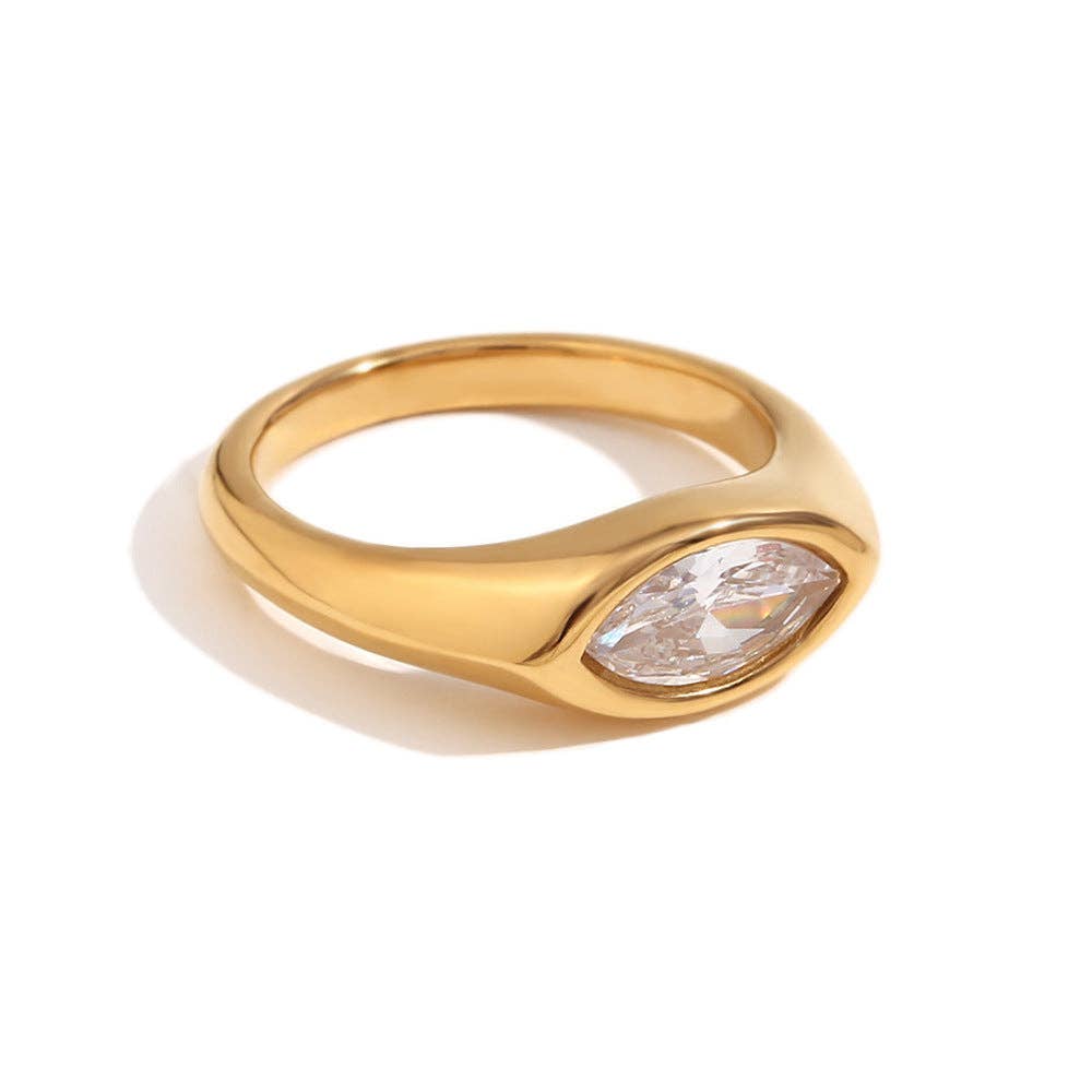 FGS - Horse Eye Zircon 18K Gold Plated Stainless Steel Ring: White. / 8
