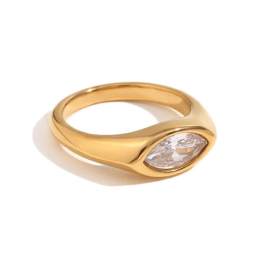 FGS - Horse Eye Zircon 18K Gold Plated Stainless Steel Ring: White. / 8