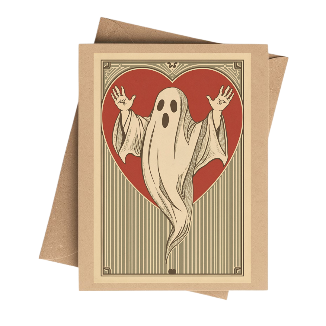 Spooky Ghost Heart Valentine Brown Kraft Notecard Boxed Set: White