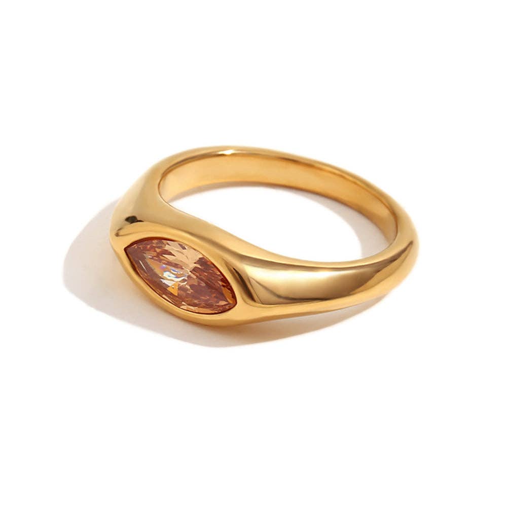FGS - Horse Eye Zircon 18K Gold Plated Stainless Steel Ring: Champagne / 8
