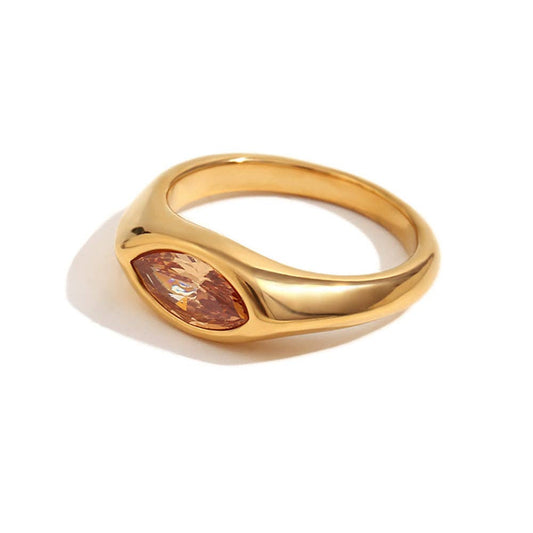 FGS - Horse Eye Zircon 18K Gold Plated Stainless Steel Ring: Champagne / 8