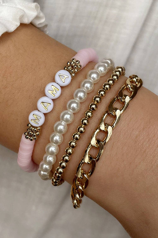 Gold 4PCS MAMA Pearls Beaded Chain Bracelets Set: Gold / ONE SIZE
