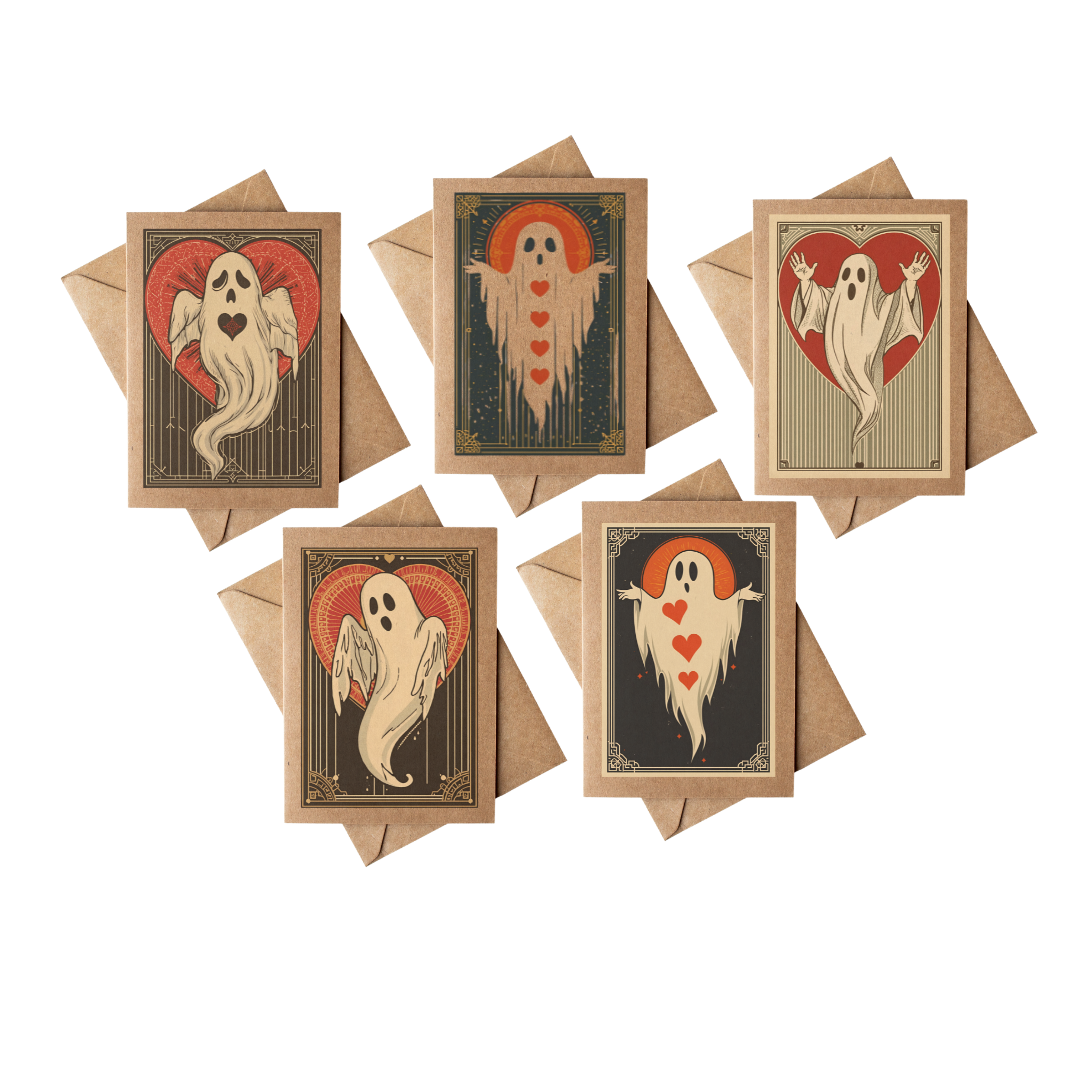 Spooky Ghost Heart Valentine Brown Kraft Notecard Boxed Set: White