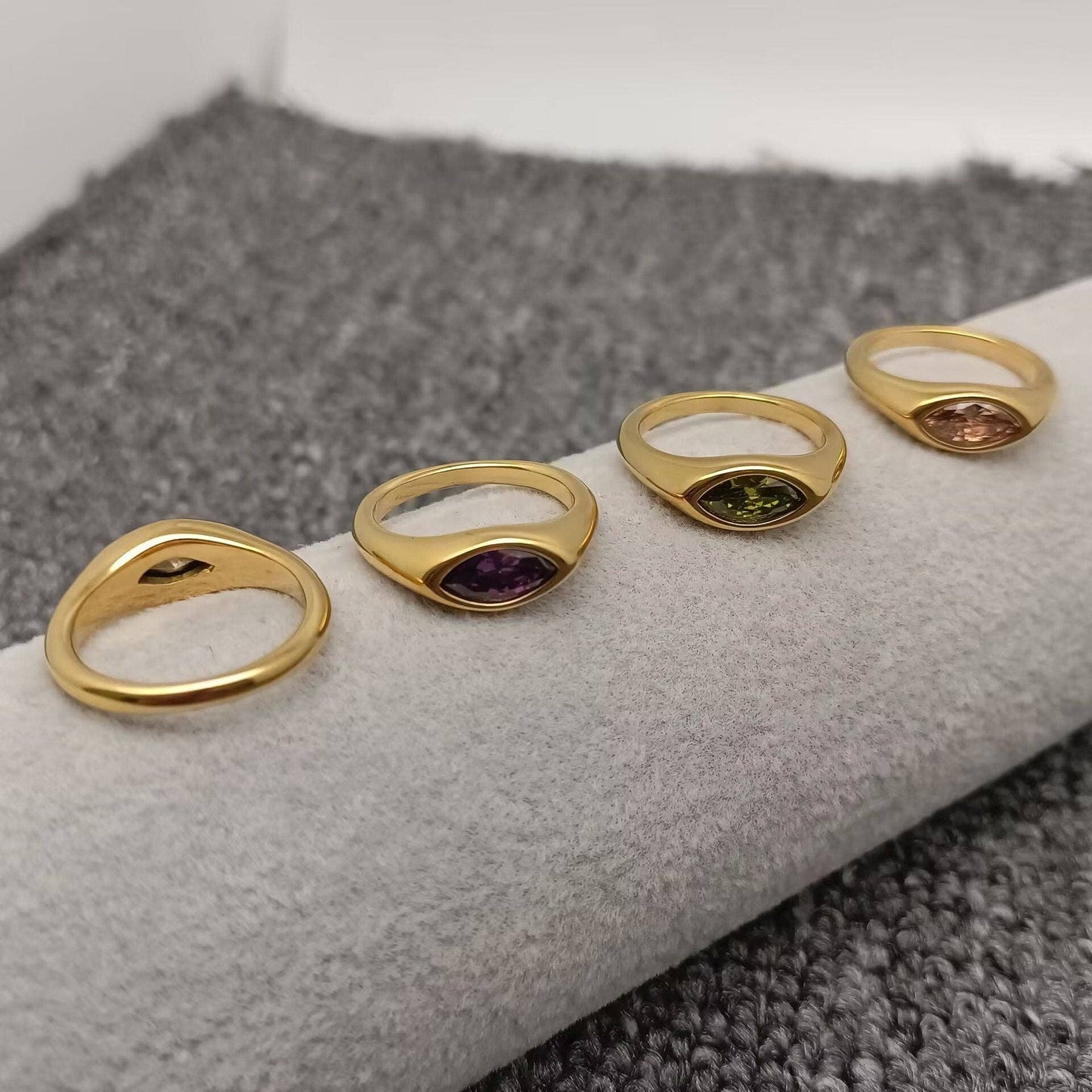 FGS - Horse Eye Zircon 18K Gold Plated Stainless Steel Ring: Champagne / 8