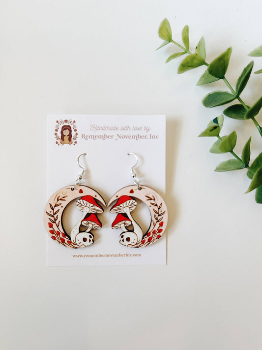 Mushroom Skull Earrings, Handmade, Birch Wood: Silver Hooks