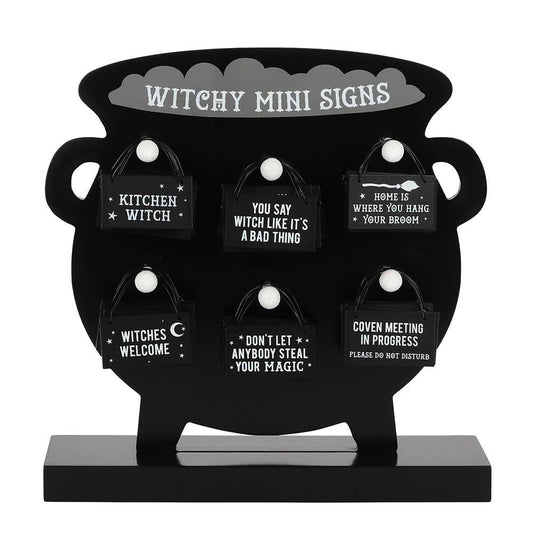 Set of 36 Witchy Mini Halloween Hanging Signs on Display