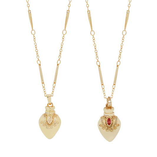 Gold Plated Vintage Potion Elixer Charm Necklace: Red Crystal