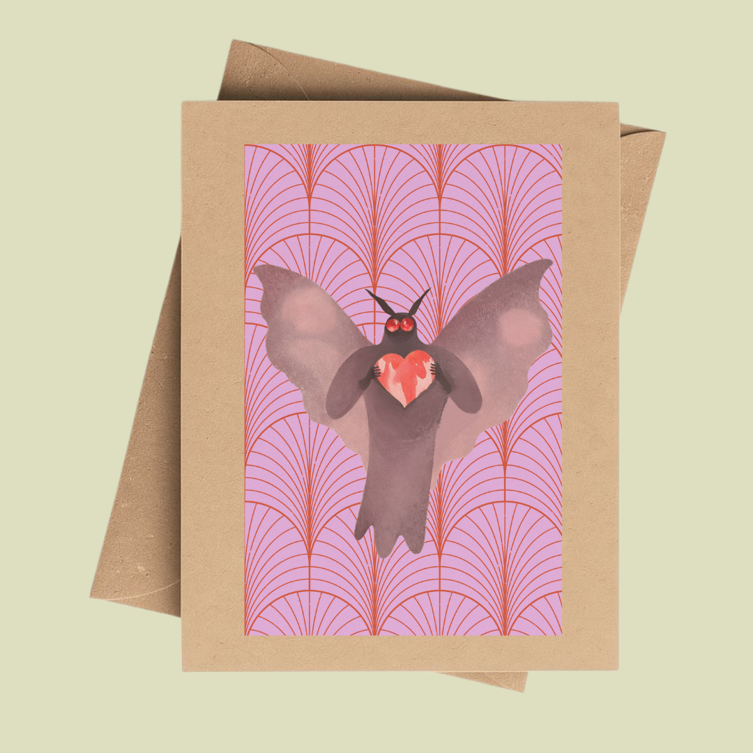 Spooky Mothman Heart Valentine Card on Brown Kraft Paper