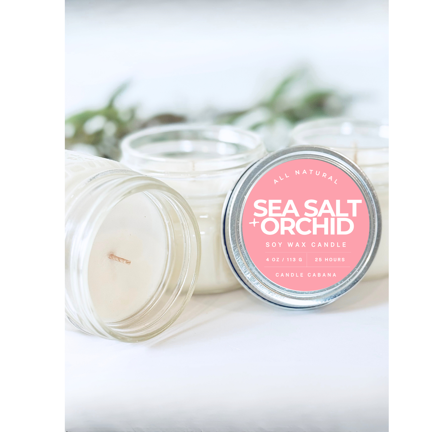 Sea Salt + Orchid 4 oz Mason Jar - 100% Natural Soy Candle