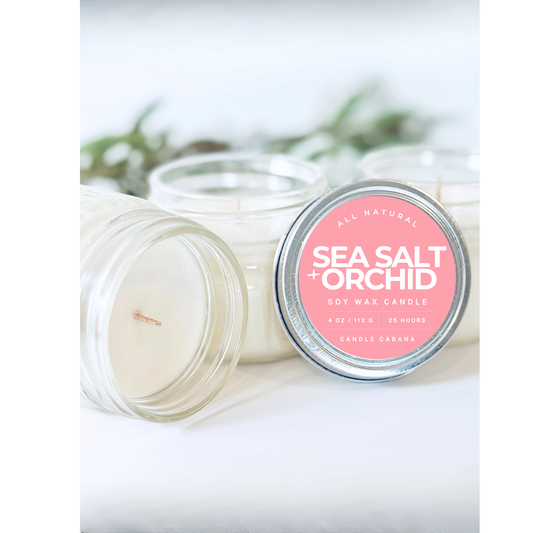 Sea Salt + Orchid 4 oz Mason Jar - 100% Natural Soy Candle