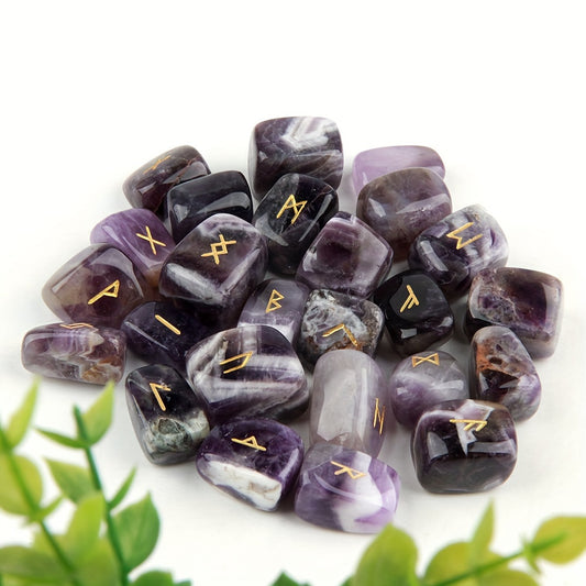 25pcs Natural Amethyst Futhark Viking Rune Stone Set