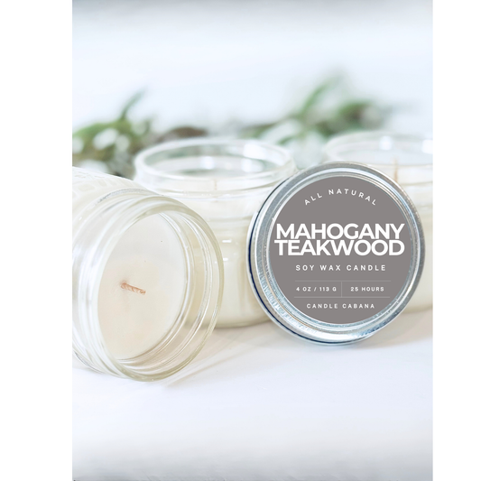 Mahogany Teakwood 4 oz Mason Jar - 100% Natural Soy Candle