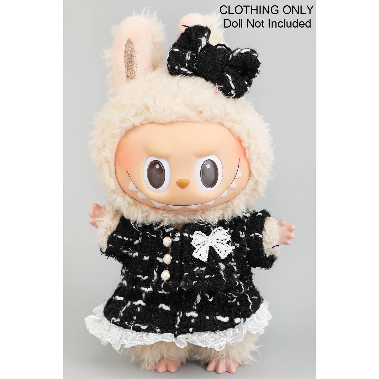 FANCY TWEED DRESS AND BOW LABUBU OUTFIT ONLY: WHITE / 1 SIZE