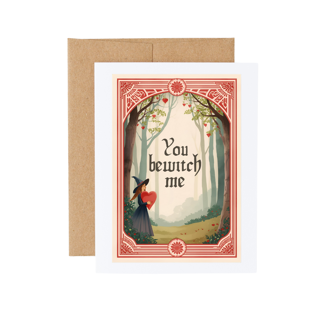You Bewitch Me Fantasy Forest Witch Valentine Card : Brown Kraft Paper